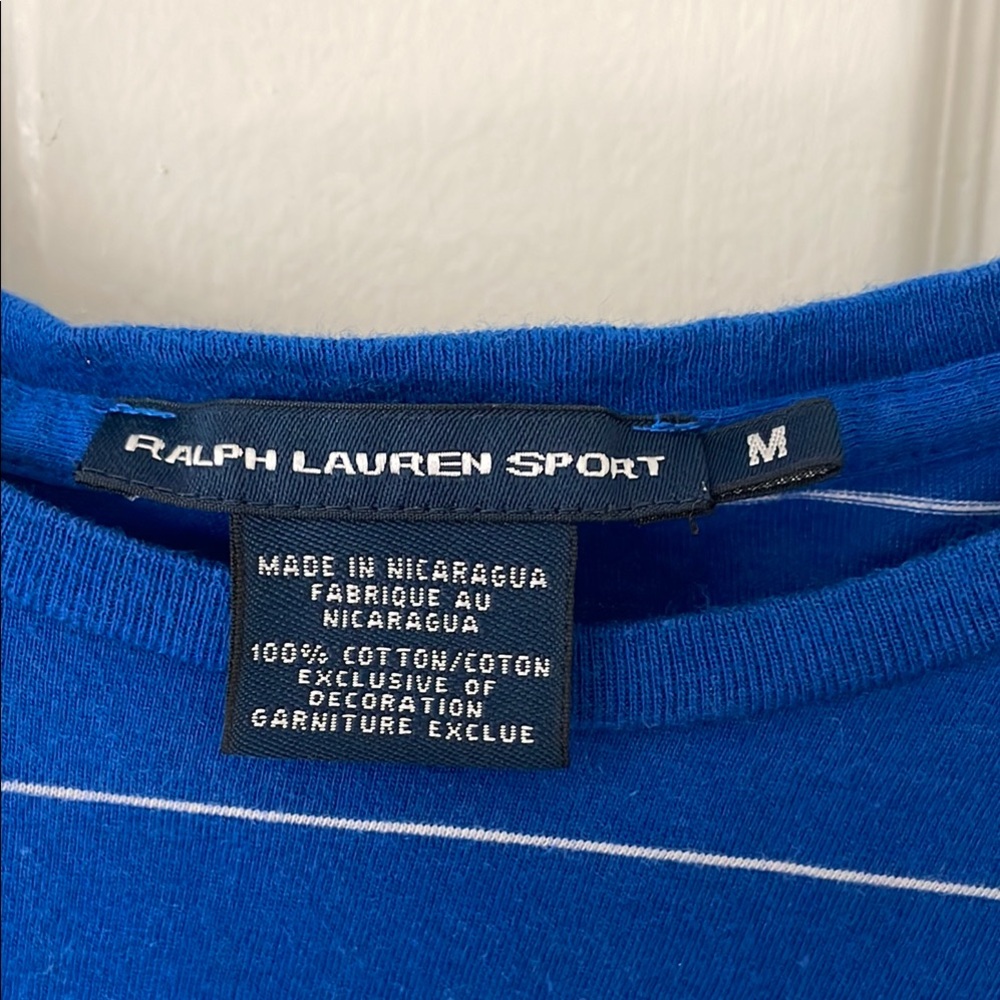 $5! 2 for $10🌹Ralph Lauren Sport Blue and White Striped 100% Cotton Tee Sz M - Picture 4 of 6